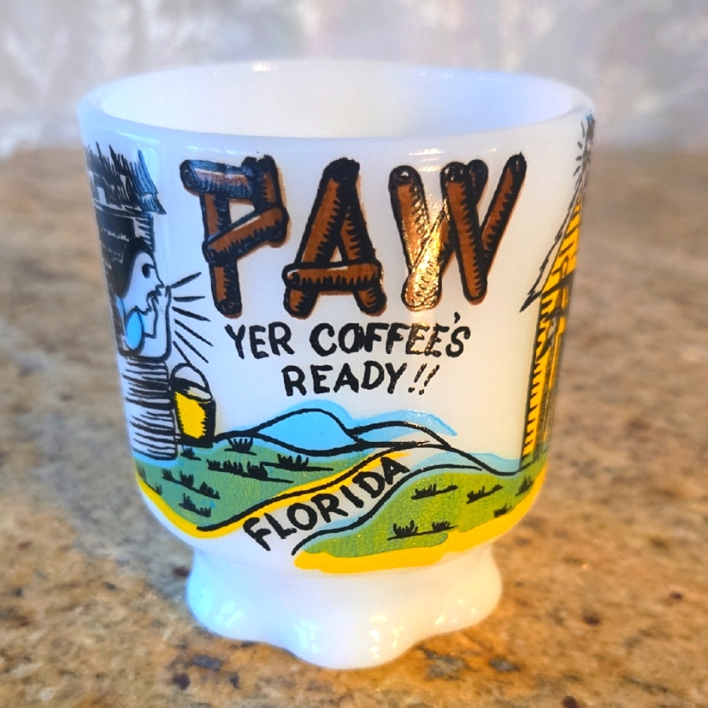 Vintage Fire King Milk Glass Mug Paw Yer Coffee's Ready Florida Mug